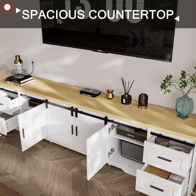 Meuble TV de style ferme moderne avec portes coulissantes à motif de croix et grand espace de rangement – Idéal pour l'organisation et la décoration du salon