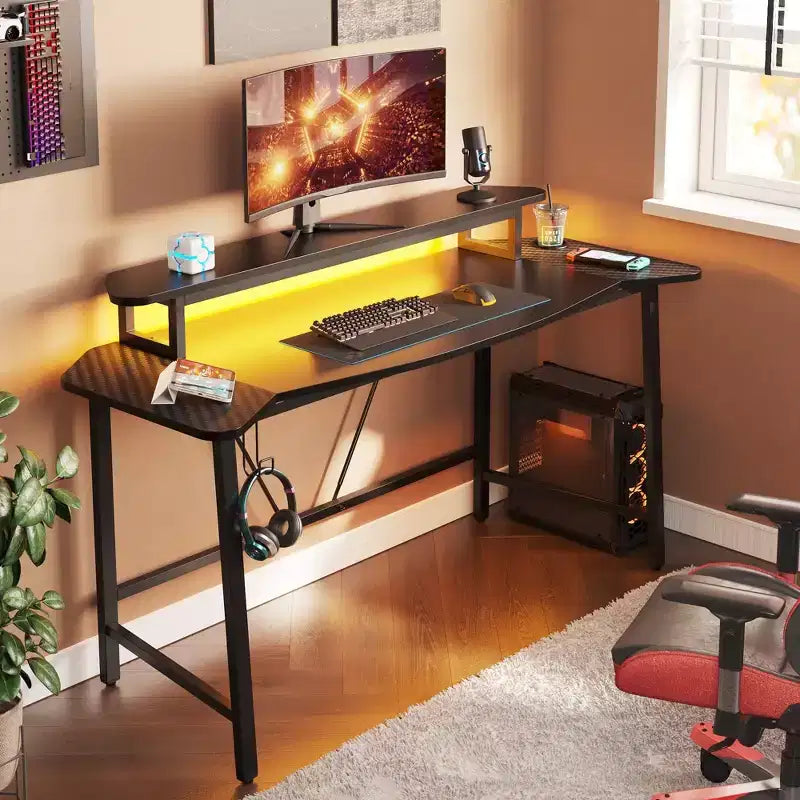 Bestier 63 Gaming Desk with LED Light & Monitor Stand, Computer Desk with Cup Holder & Headset Hook, Modern Gamer Workstation for Home Office, Black