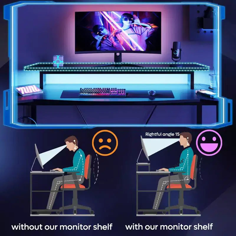 63 Gaming Desk with LED Light & Monitor Stand, Computer Desk with Cup Holder & Headset Hook, Modern Gamer Workstation for Home Office, Black