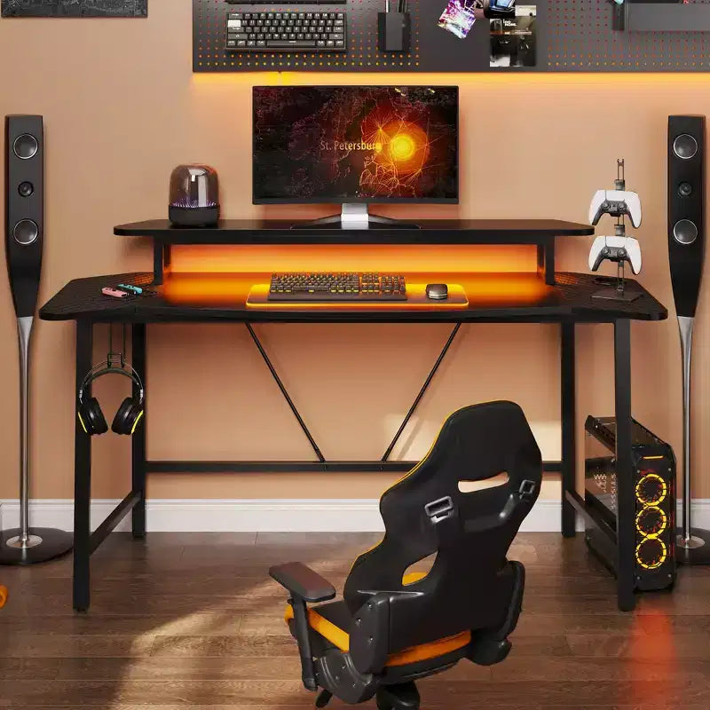 63 Gaming Desk with LED Light & Monitor Stand, Computer Desk with Cup Holder & Headset Hook, Modern Gamer Workstation for Home Office, Black