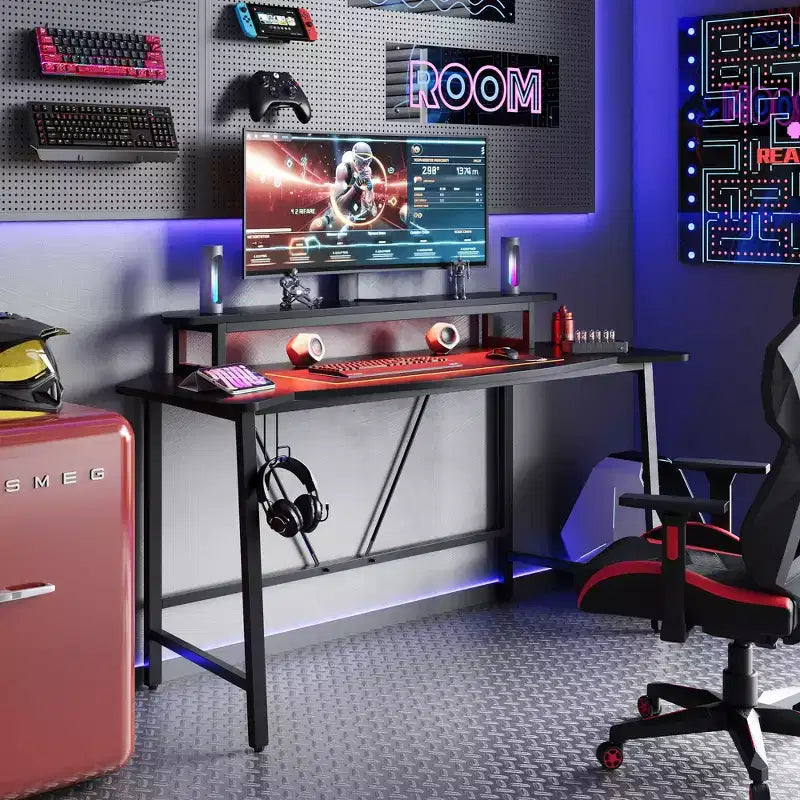 63 Gaming Desk with LED Light & Monitor Stand, Computer Desk with Cup Holder & Headset Hook, Modern Gamer Workstation for Home Office, Black