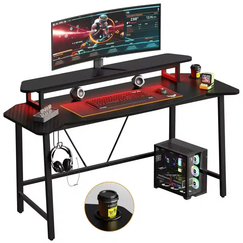 63 Gaming Desk with LED Light & Monitor Stand, Computer Desk with Cup Holder & Headset Hook, Modern Gamer Workstation for Home Office, Black