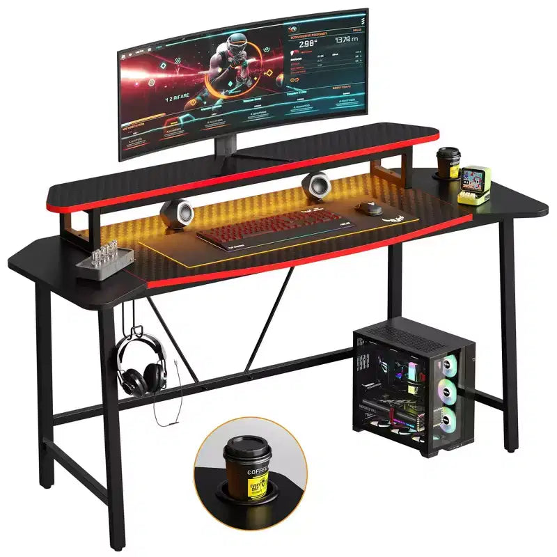 63 Gaming Desk with LED Light & Monitor Stand, Computer Desk with Cup Holder & Headset Hook, Modern Gamer Workstation for Home Office, Black
