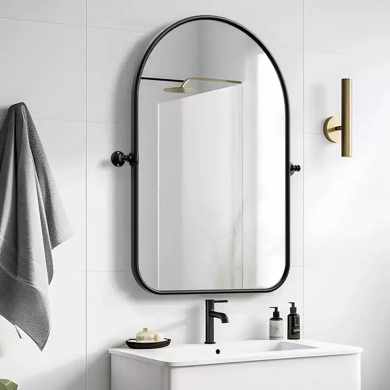 Black Rotatable Wall Mirror with Round Corner Arch-shaped Design, Iron Art Hardware