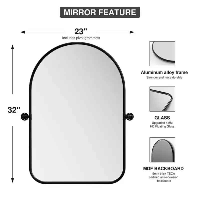 Black Rotatable Wall Mirror with Round Corner Arch-shaped Design, Iron Art Hardware