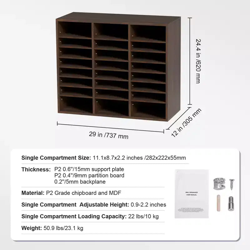 Organisateurs de documents, 24 compartiments pour courrier de bureau avec étagères réglables, trieur de documents en bois 73,7x30,5x62 cm, certifié EPA