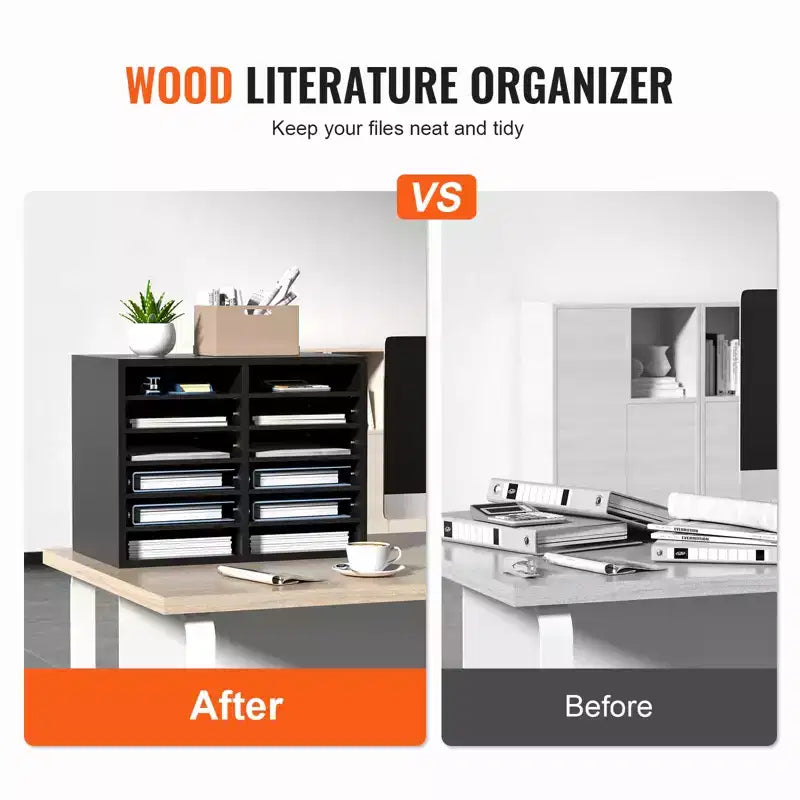 Wood Literature Organizer, 12 Compartments, File Sorter with Removable Shelves, Mailboxes Slot for Office Home Classroom,EPA Certified