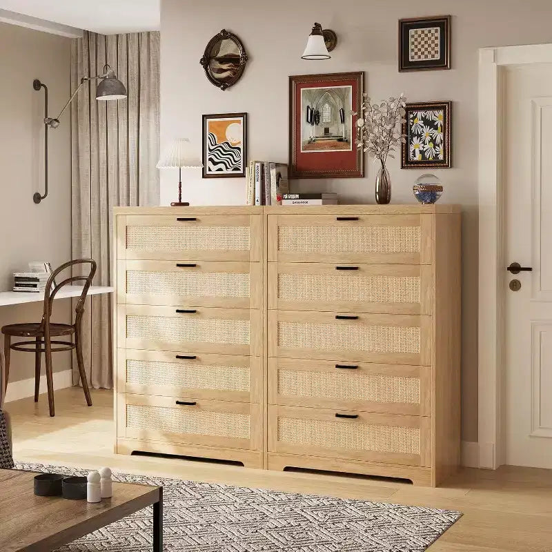 Commode en rotin avec 5 tiroirs de rangement, commode en bois moderne pour chambre à coucher, placard, salon, couloir, entrée