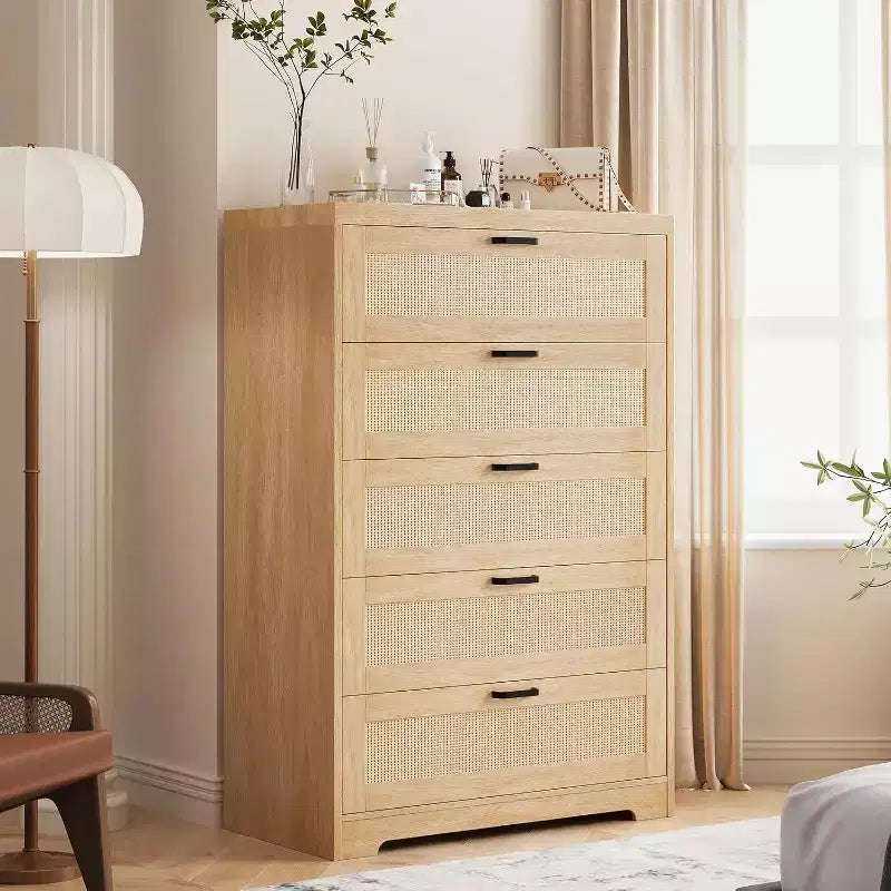 Commode en rotin avec 5 tiroirs de rangement, commode en bois moderne pour chambre à coucher, placard, salon, couloir, entrée