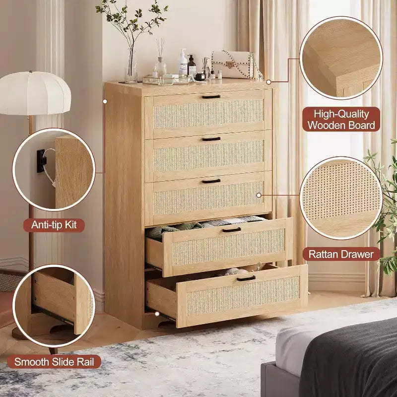 Commode en rotin avec 5 tiroirs de rangement, commode en bois moderne pour chambre à coucher, placard, salon, couloir, entrée