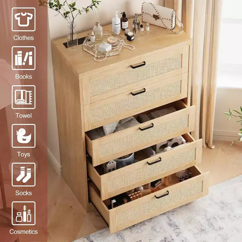 Commode en rotin avec 5 tiroirs de rangement, commode en bois moderne pour chambre à coucher, placard, salon, couloir, entrée