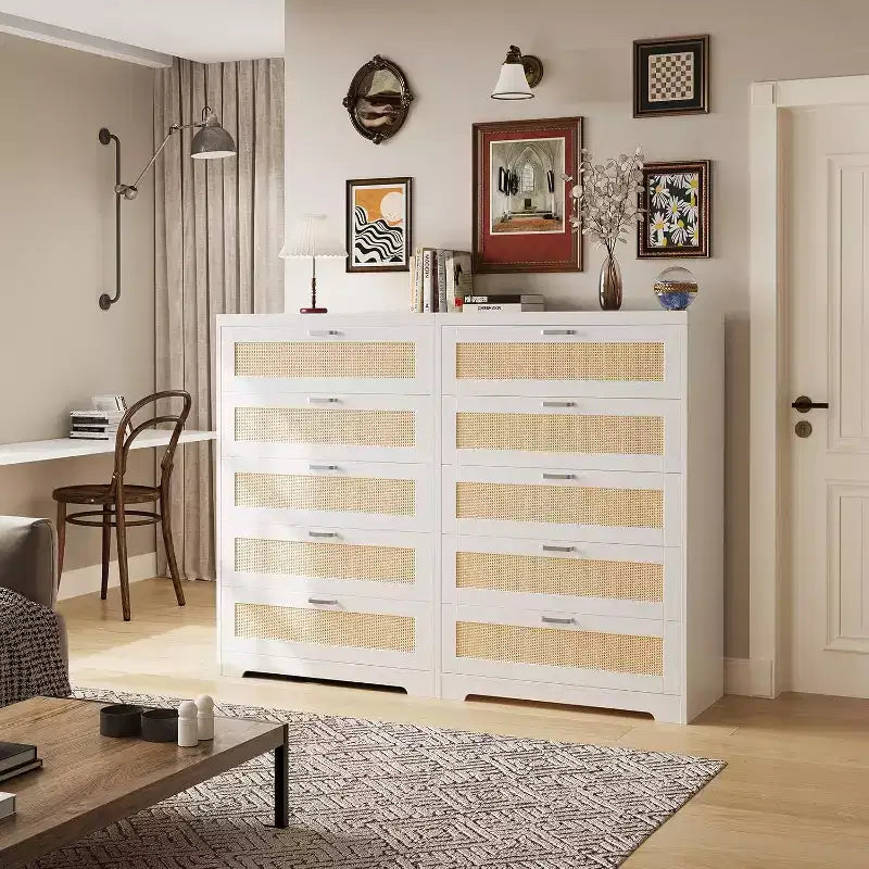 Commode en rotin avec 5 tiroirs de rangement, commode en bois moderne pour chambre à coucher, placard, salon, couloir, entrée