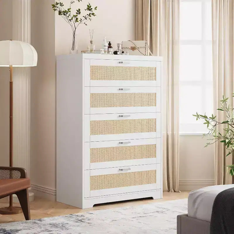 Commode en rotin avec 5 tiroirs de rangement, commode en bois moderne pour chambre à coucher, placard, salon, couloir, entrée