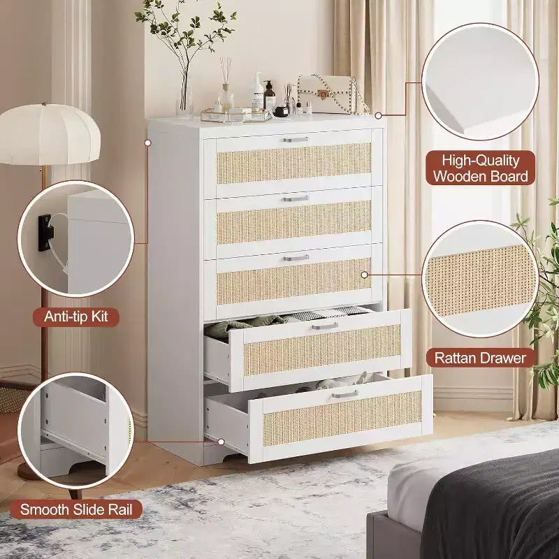 Commode en rotin avec 5 tiroirs de rangement, commode en bois moderne pour chambre à coucher, placard, salon, couloir, entrée