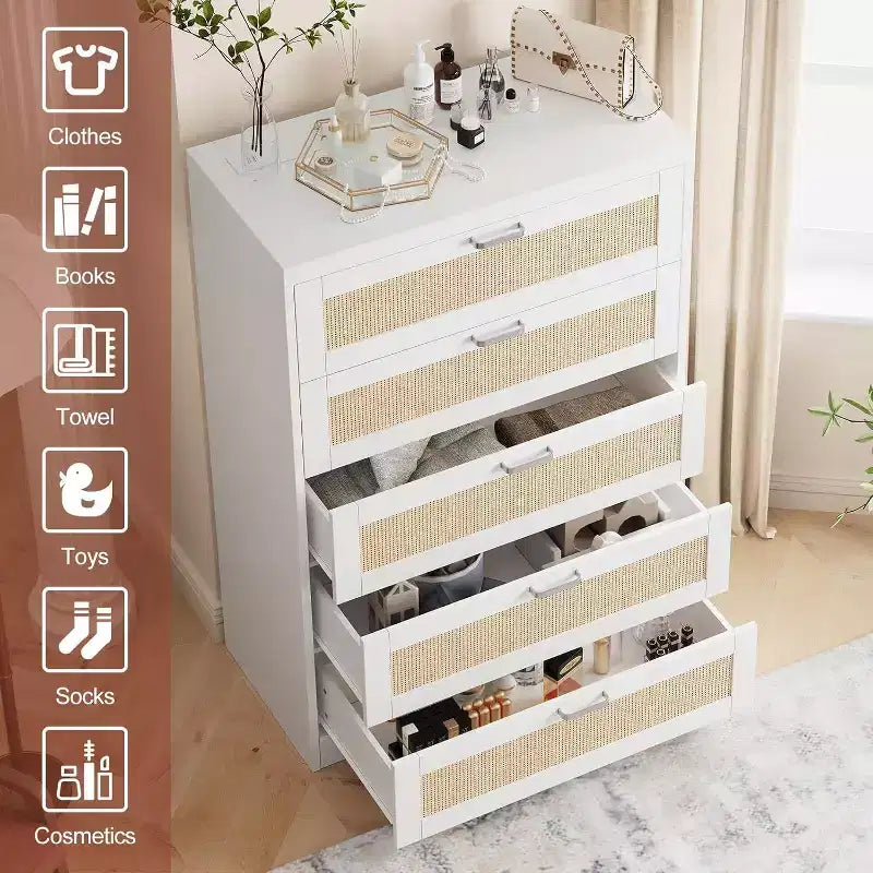 Commode en rotin avec 5 tiroirs de rangement, commode en bois moderne pour chambre à coucher, placard, salon, couloir, entrée