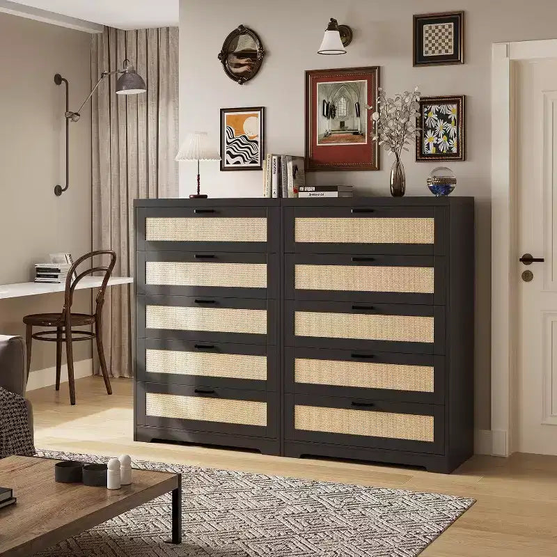 Rattan Dresser with 5 Drawer Storage, Modern Wooden Dresser for Bedroom, Closet, Living Room, Hallway, Entryway