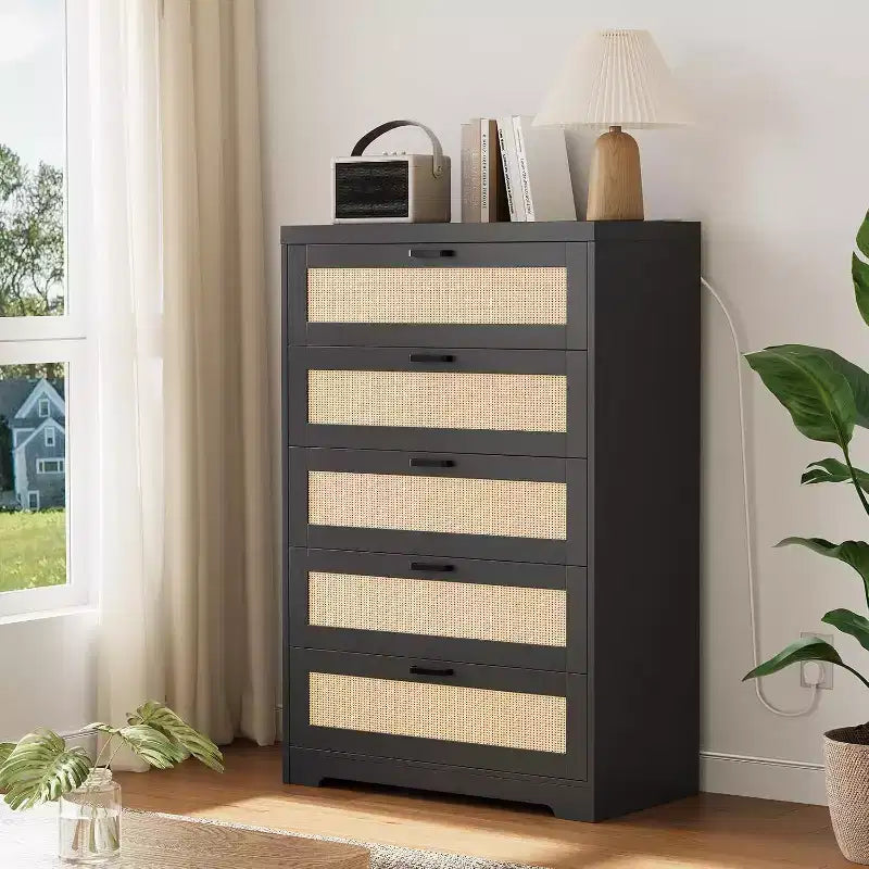 Rattan Dresser with 5 Drawer Storage, Modern Wooden Dresser for Bedroom, Closet, Living Room, Hallway, Entryway