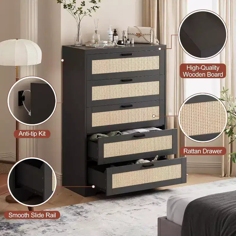 Commode en rotin avec 5 tiroirs de rangement, commode en bois moderne pour chambre à coucher, placard, salon, couloir, entrée