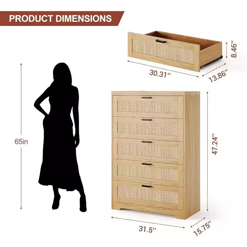 Commode en rotin avec 5 tiroirs de rangement, commode en bois moderne pour chambre à coucher, placard, salon, couloir, entrée