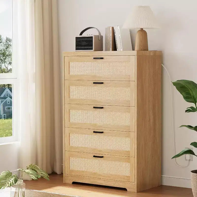 Rattan Dresser with 5 Drawer Storage, Modern Wooden Dresser for Bedroom, Closet, Living Room, Hallway, Entryway