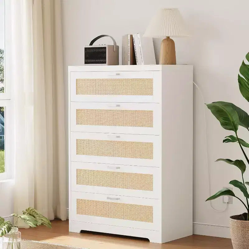 Rattan Dresser with 5 Drawer Storage, Modern Wooden Dresser for Bedroom, Closet, Living Room, Hallway, Entryway