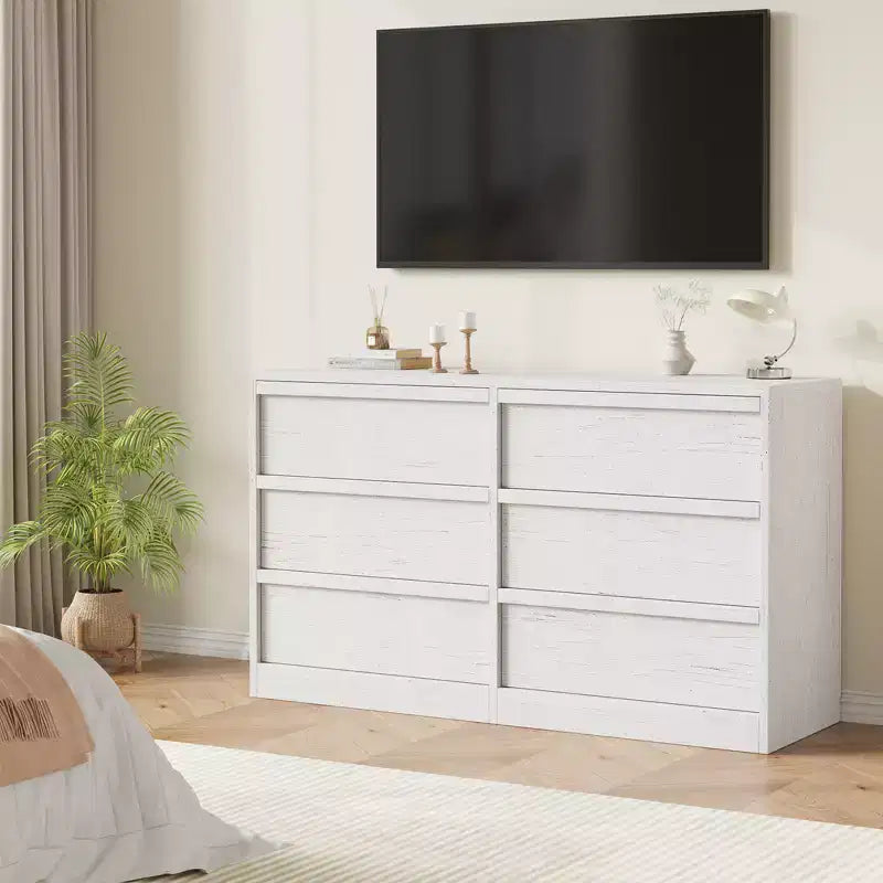 Commode 6 tiroirs pour chambre, commode double blanche avec poignées concaves, chiffonnier moderne pour chambre, salon, crèche