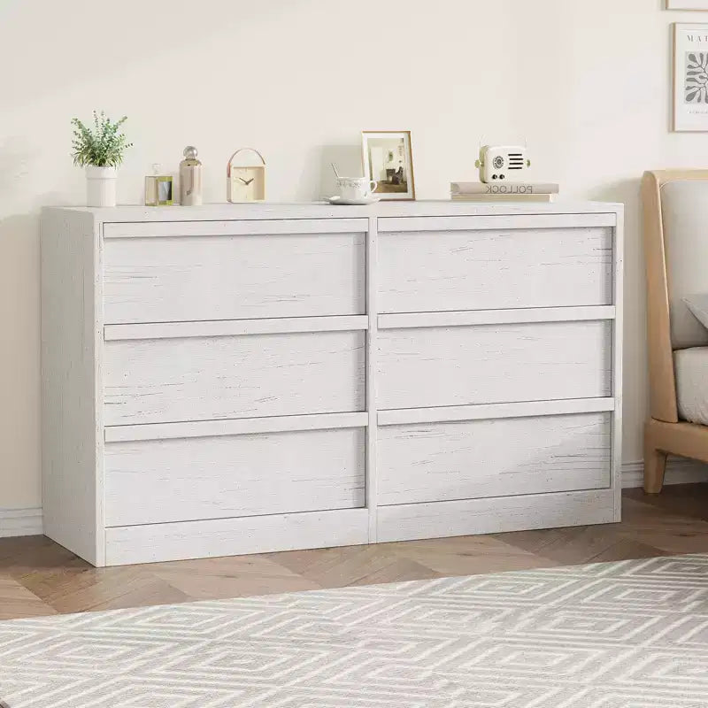6 Drawer Dresser for Bedroom, White Double Dresser Organizer with Concave Handles, Modern Chest of Drawers for Bedroom Living Room Nursery