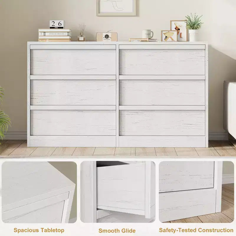 6 Drawer Dresser for Bedroom, White Double Dresser Organizer with Concave Handles, Modern Chest of Drawers for Bedroom Living Room Nursery