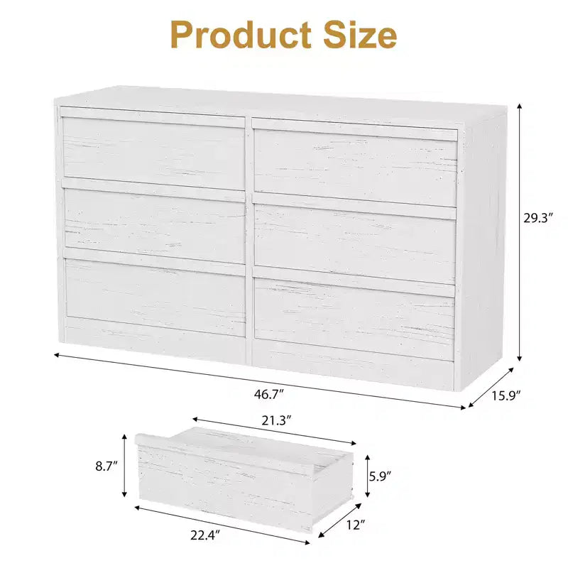 Commode 6 tiroirs pour chambre, commode double blanche avec poignées concaves, chiffonnier moderne pour chambre, salon, crèche