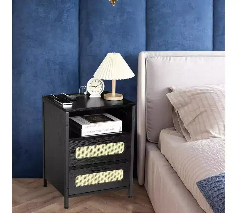 Decorative Storage Cabinets, Nightstand with Charging Station, Bedside Tables with Drawers & Shelf