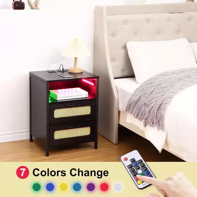 Decorative Storage Cabinets, Nightstand with Charging Station, Bedside Tables with Drawers & Shelf
