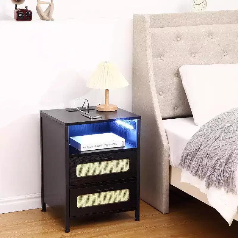 Decorative Storage Cabinets, Nightstand with Charging Station, Bedside Tables with Drawers & Shelf