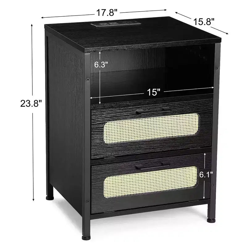 Decorative Storage Cabinets, Nightstand with Charging Station, Bedside Tables with Drawers & Shelf