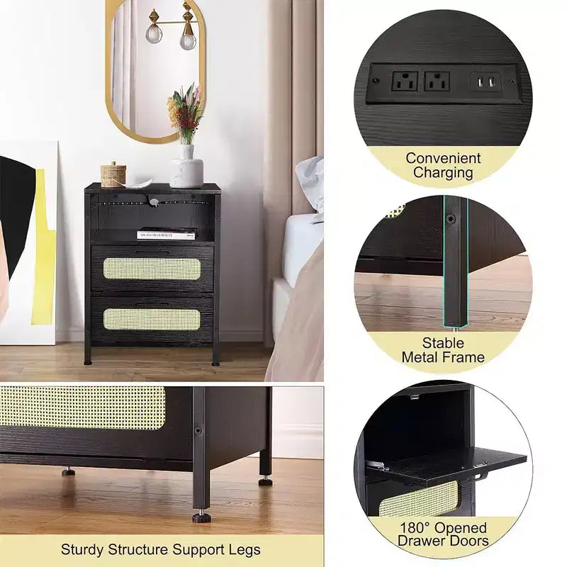Armoires de rangement décoratives, Table de chevet avec station de recharge, Tables de chevet avec tiroirs et étagère