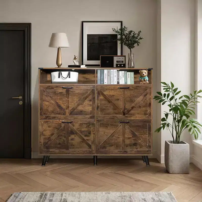 Shoe Storage Cabinet with 4 Flip Drawers and Open Storage - Dark Brown Freestanding Narrow Organizer for Entryway, Hallway, Living Room