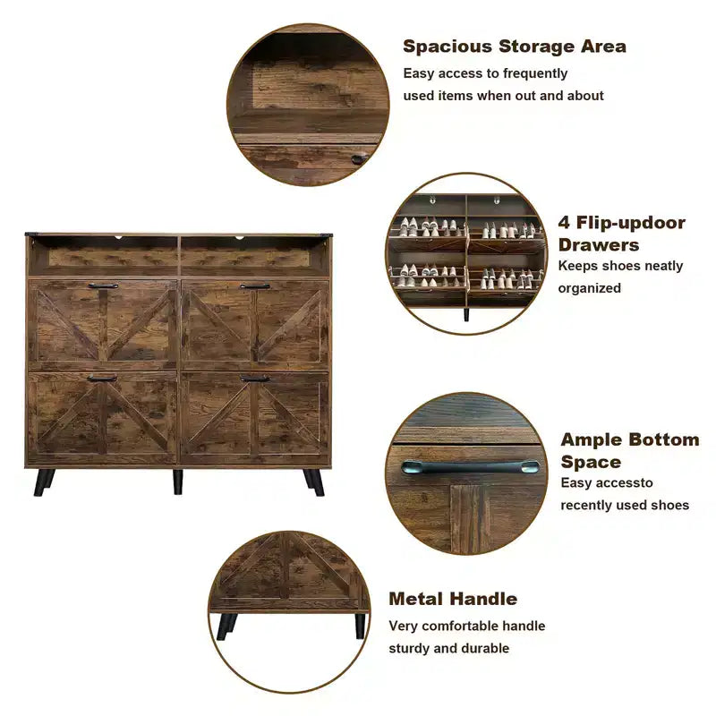 Shoe Storage Cabinet with 4 Flip Drawers and Open Storage - Dark Brown Freestanding Narrow Organizer for Entryway, Hallway, Living Room