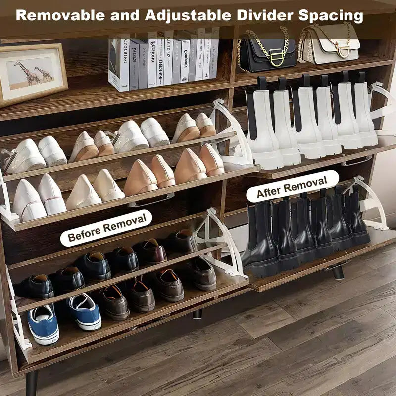 Meuble à Chaussures avec 4 Tiroirs Basculants et Rangement Ouvert - Organisateur Étroit Autonome Marron Foncé pour Entrée, Couloir, Salon