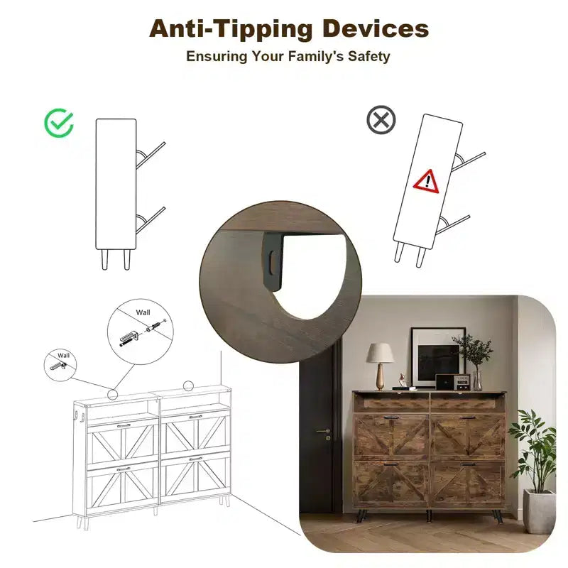 Meuble à Chaussures avec 4 Tiroirs Basculants et Rangement Ouvert - Organisateur Étroit Autonome Marron Foncé pour Entrée, Couloir, Salon