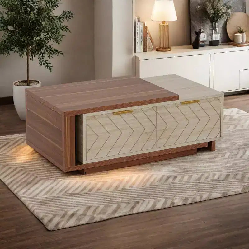 V-Shaped Pattern Coffee Table Walnut Oak Veneers Brass Accents Modern Living Room Furnitures