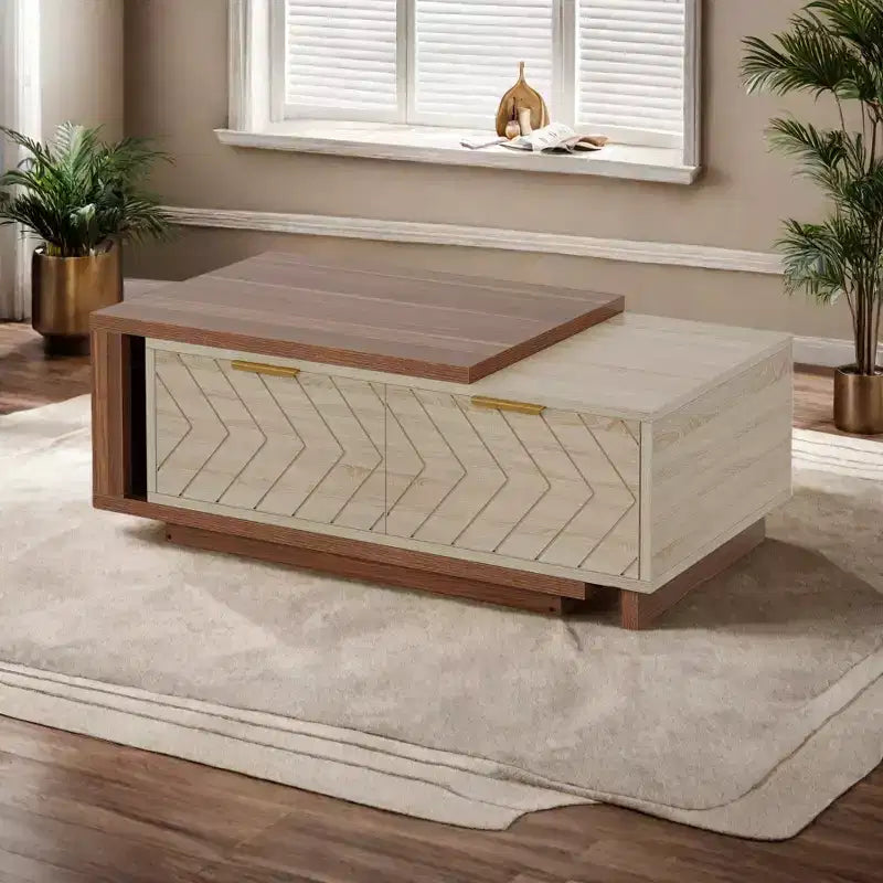 V-Shaped Pattern Coffee Table Walnut Oak Veneers Brass Accents Modern Living Room Furnitures