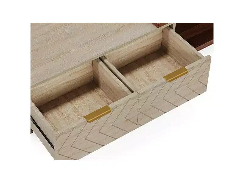 V-Shaped Pattern Coffee Table Walnut Oak Veneers Brass Accents Modern Living Room Furnitures