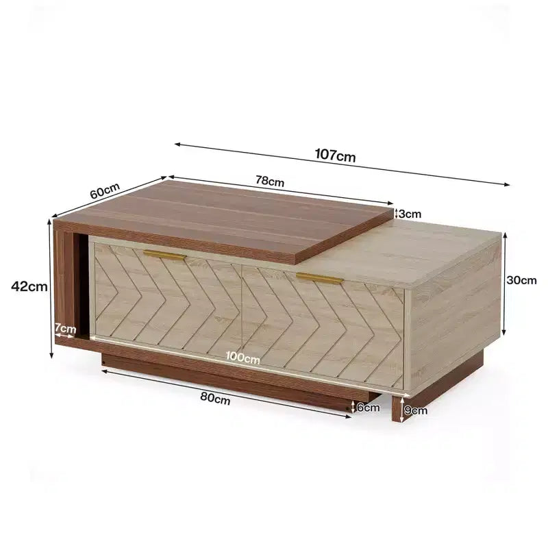 V-Shaped Pattern Coffee Table Walnut Oak Veneers Brass Accents Modern Living Room Furnitures