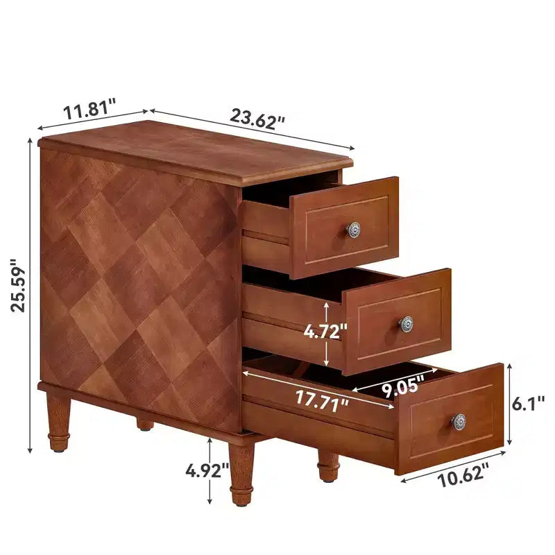 Narrow 3-Drawer Side Table Solid Wood Construction Fully Assembled Home Use