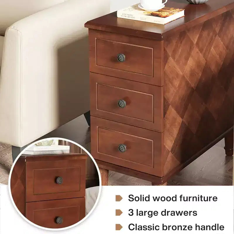 Table d'appoint étroite à 3 tiroirs en bois massif entièrement assemblée pour usage domestique