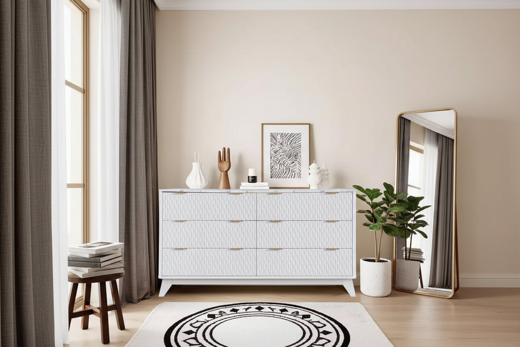 6 Drawers Dresser with Faux Marble Top, Sturdy Storage Cabinet with Anti-Tip Design