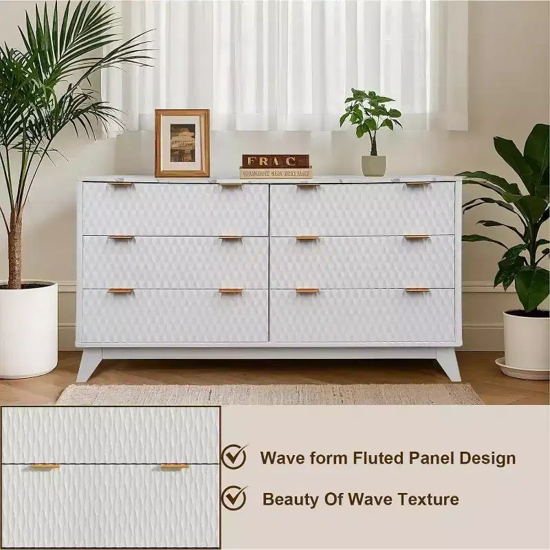 6 Drawers Dresser with Faux Marble Top, Sturdy Storage Cabinet with Anti-Tip Design