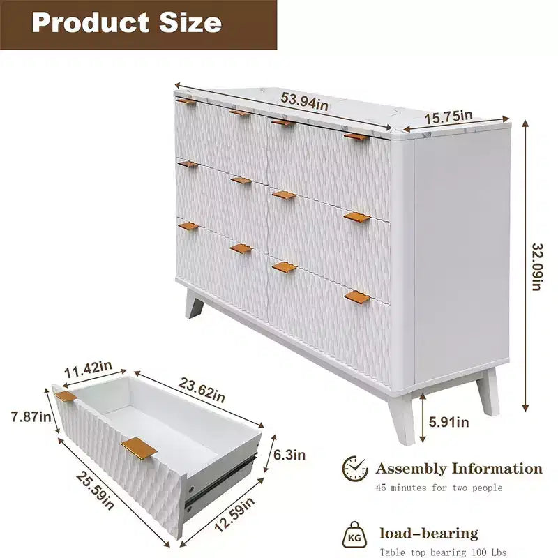 6 Drawers Dresser with Faux Marble Top, Sturdy Storage Cabinet with Anti-Tip Design