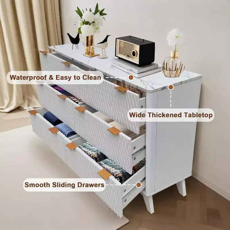 Commode à 6 tiroirs avec plateau en faux marbre, armoire de rangement robuste avec dispositif anti-basculement