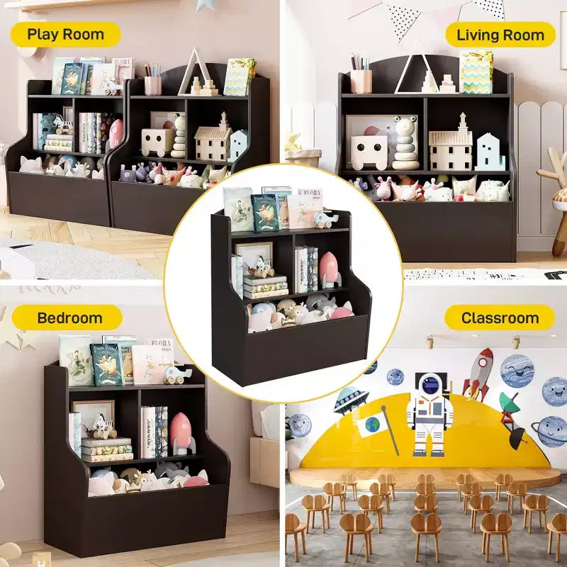 Bookcase and Toy Storage Cabinet, 3-Tier Shelf with Cubby Organizer for Toys, for Playroom, Bedroom and Hallway, Brown