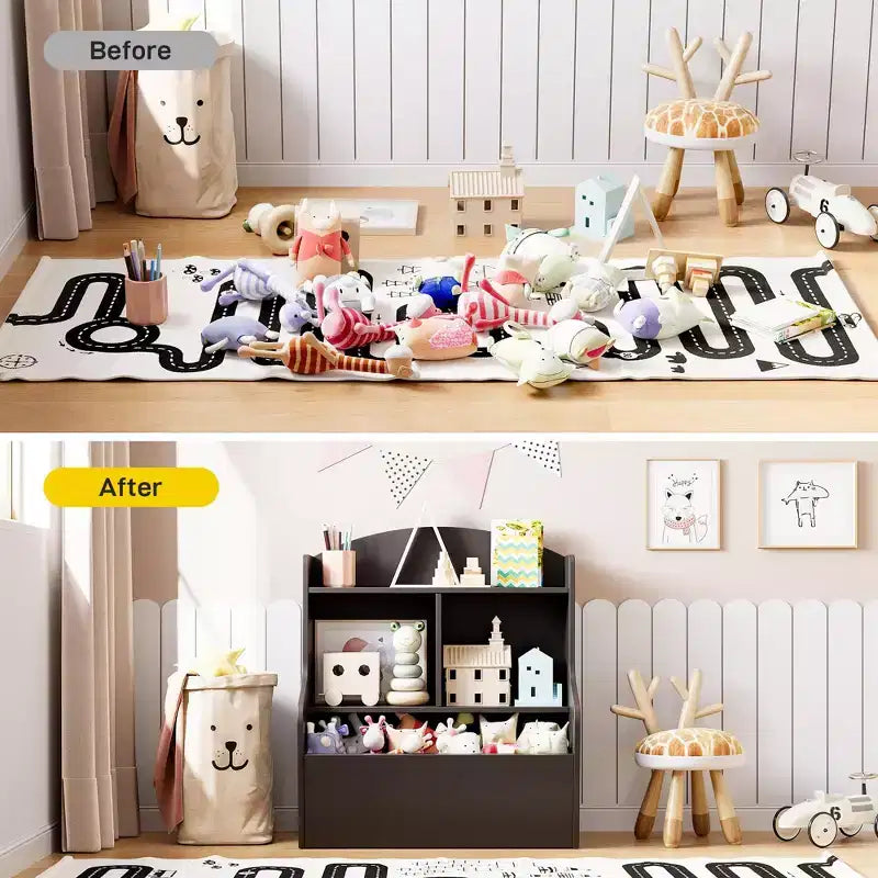 Étagère et meuble de rangement pour jouets, étagère à 3 niveaux avec organiseur de casiers pour jouets, pour salle de jeux, chambre et couloir, marron